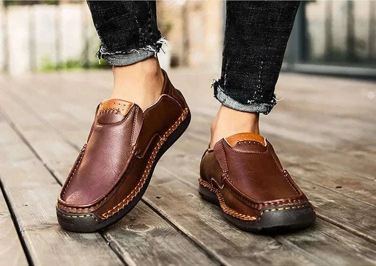 Men's Breathable Slip-On Leather Loafers-Light Brown / 48