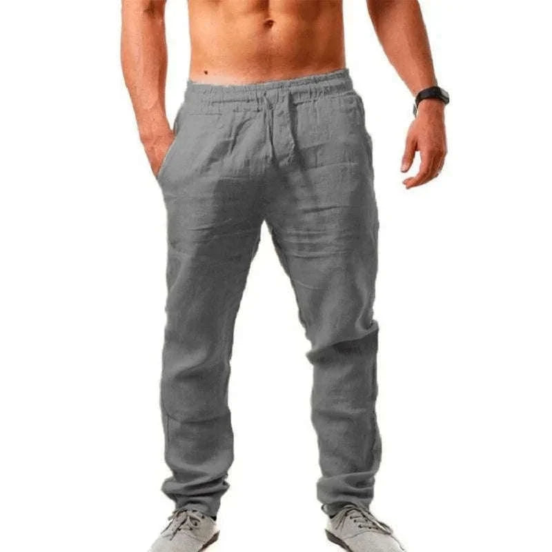 Men's Cotton Linen Pants with Elastic Waist and Drawstring-SKY BLUE / XXL 90-100 KG