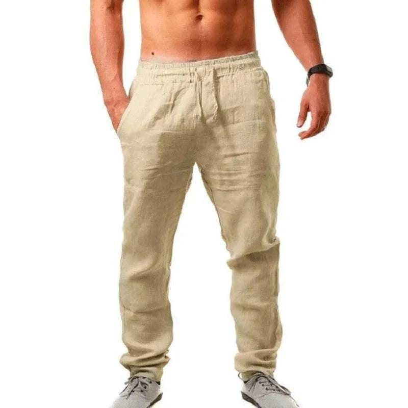 Men's Cotton Linen Pants with Elastic Waist and Drawstring-SKY BLUE / XXL 90-100 KG