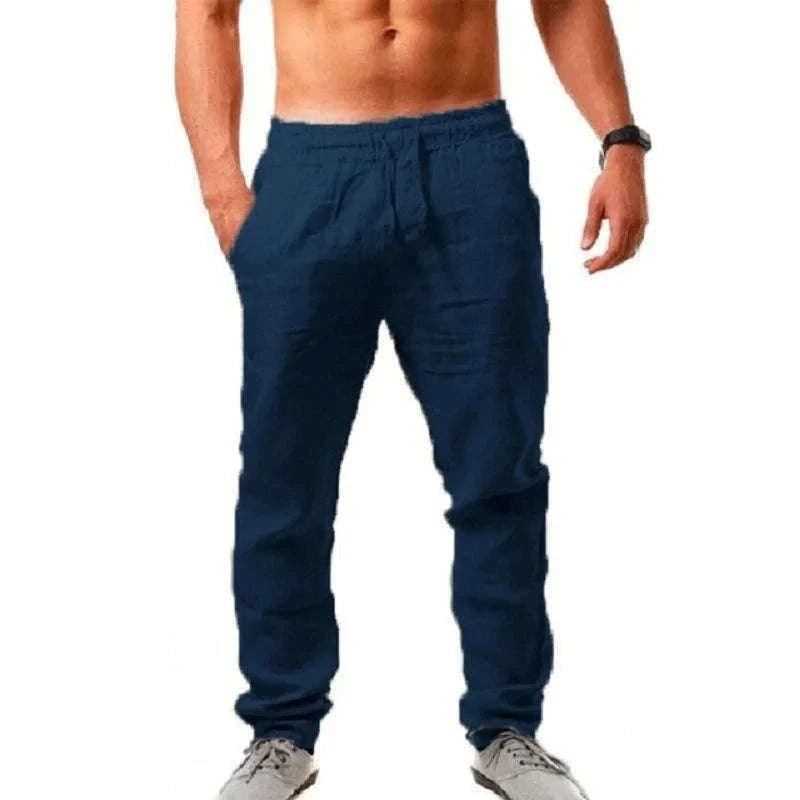 Men's Cotton Linen Pants with Elastic Waist and Drawstring-SKY BLUE / XXL 90-100 KG
