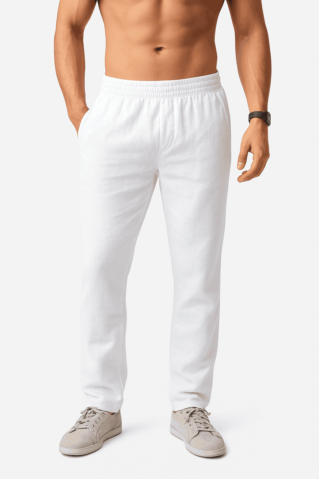 Men's Cotton Linen Pants with Elastic Waist and Drawstring-SKY BLUE / XXL 90-100 KG