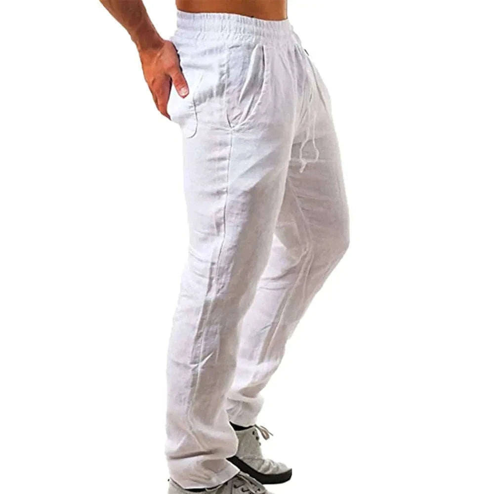 Men's Cotton Linen Pants with Elastic Waist and Drawstring-SKY BLUE / XXL 90-100 KG