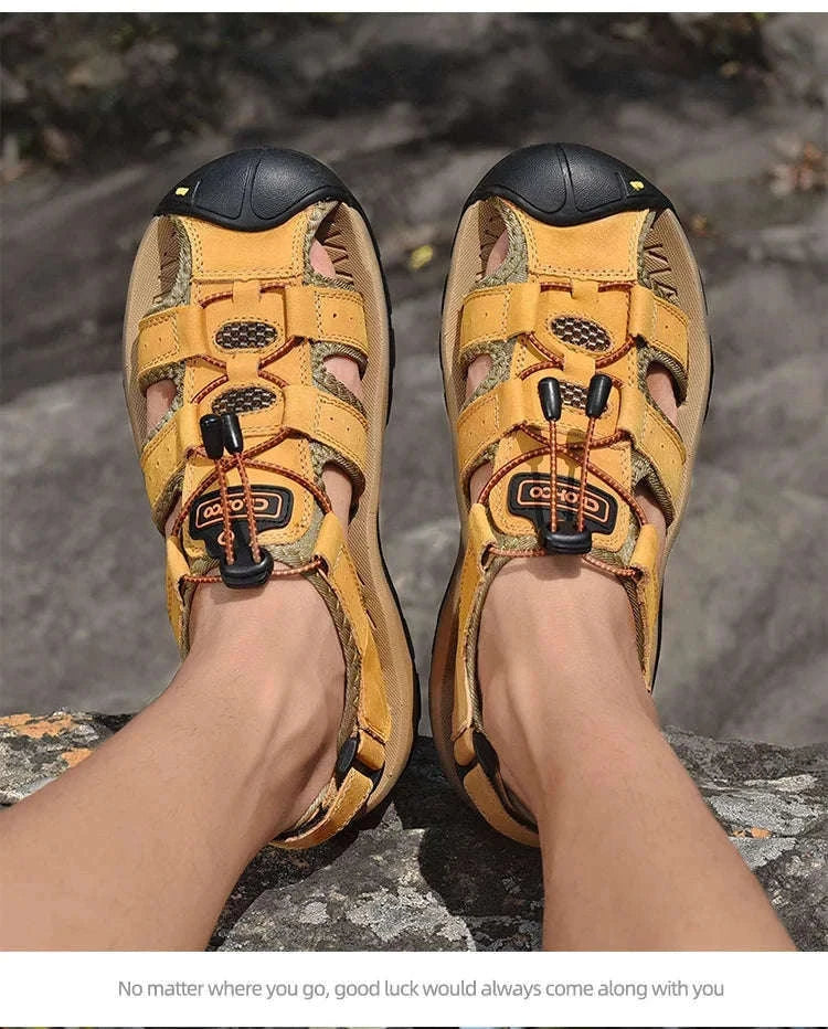 Men's Handmade Leather Fisherman Sandals-Brown / 42