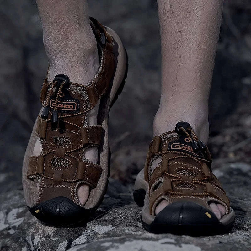 Men's Handmade Thick Bottom Leather Sandals-Blue / 46