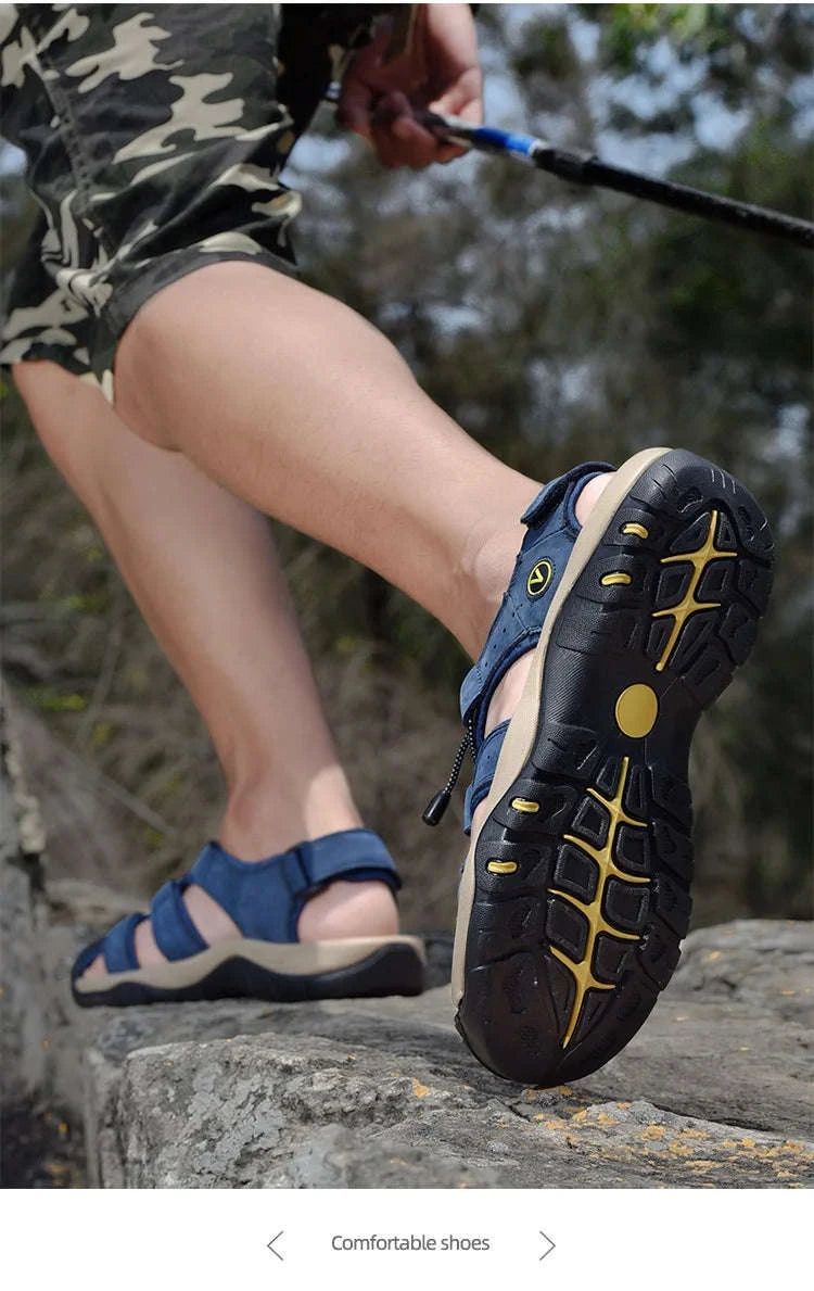 Men's Handmade Thick Bottom Leather Sandals-Blue / 46