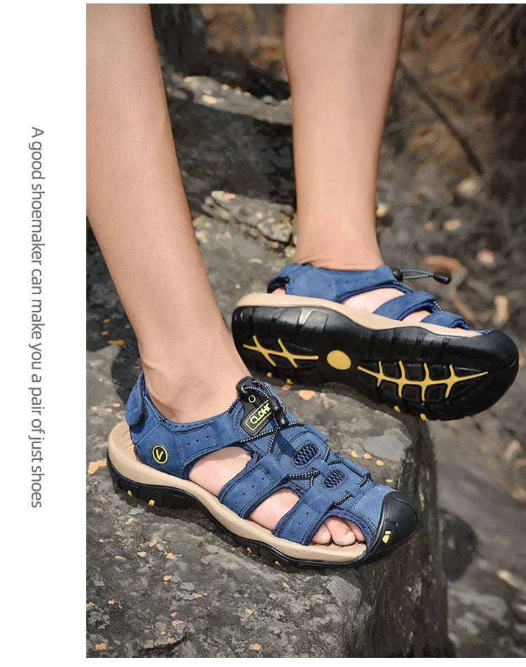 Men's Handmade Thick Bottom Leather Sandals-Blue / 46