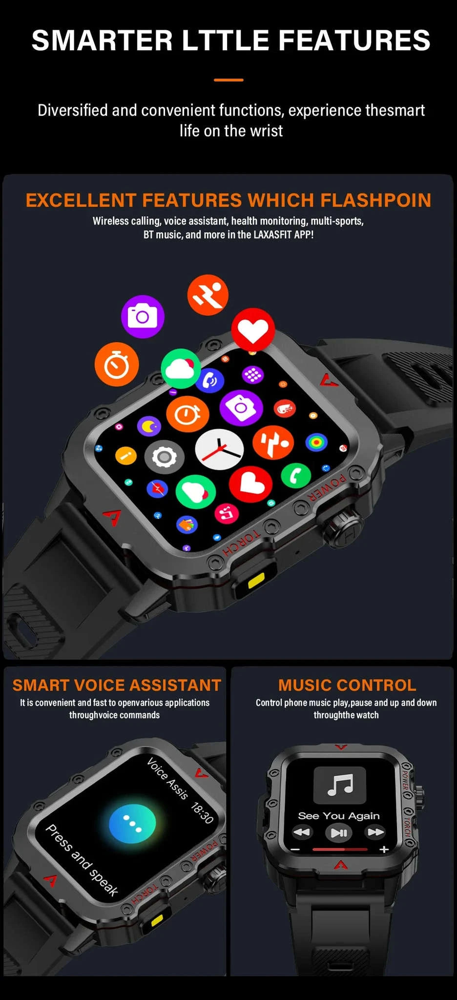 Men's Outdoor Sports Smart Watch with LED Flashlight-Brown