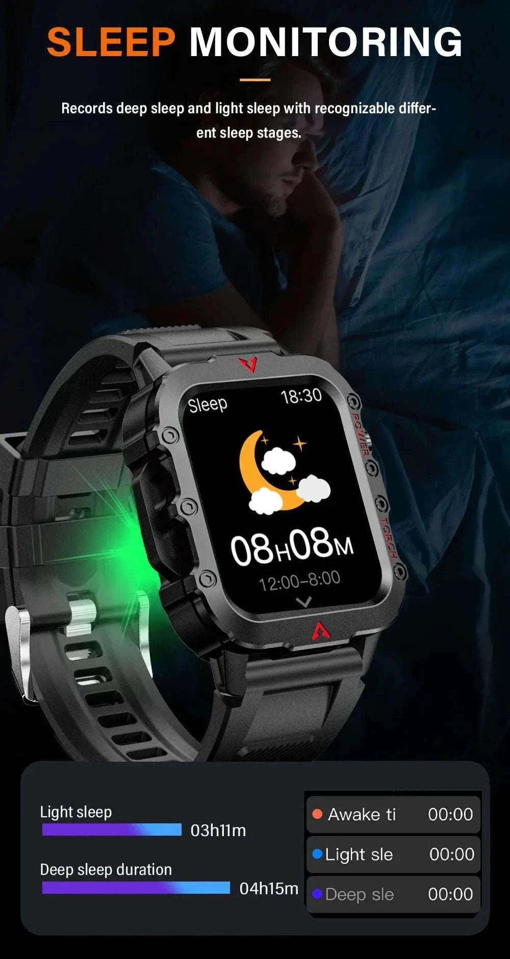 Men's Outdoor Sports Smart Watch with LED Flashlight-Brown