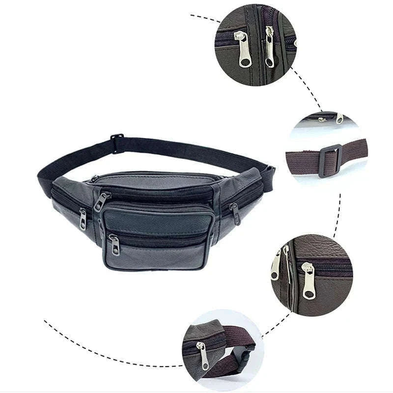 Men’s PU Leather Waist Pack Adjustable Belt Crossbody Bag-black