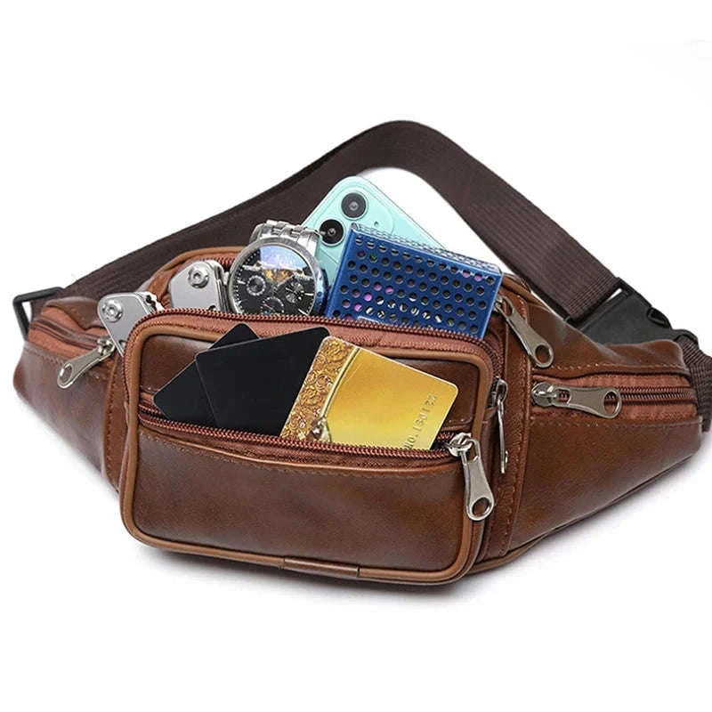 Men’s PU Leather Waist Pack Adjustable Belt Crossbody Bag-black
