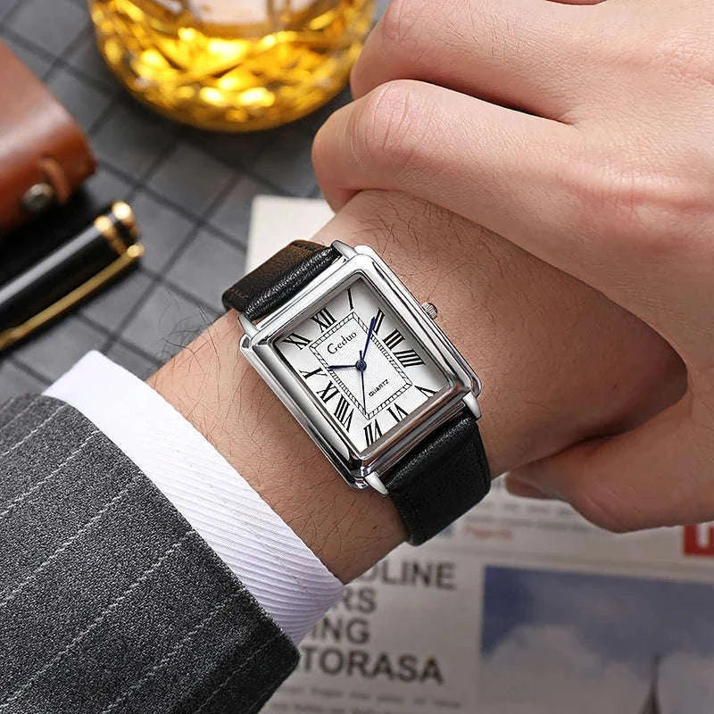 Men’s Quartz Wristwatch with Leather Strap and Roman Numerals-black rose white
