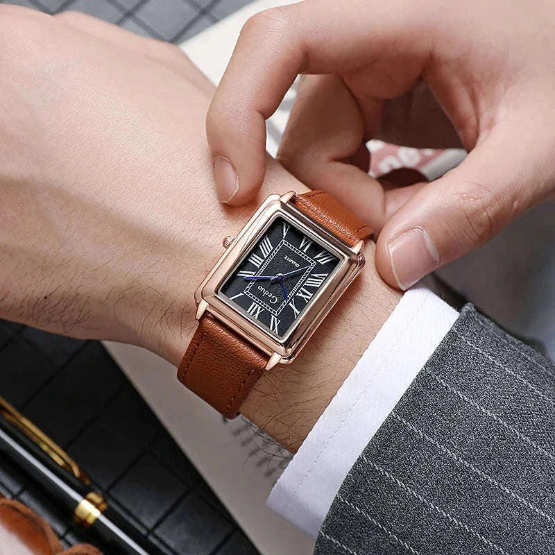 Men’s Quartz Wristwatch with Leather Strap and Roman Numerals-black rose white