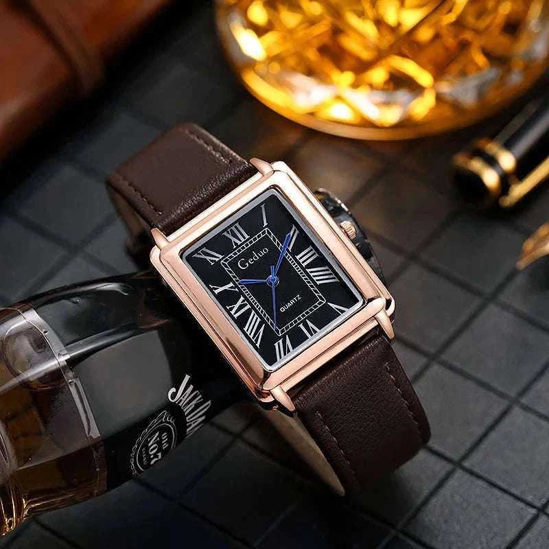 Men’s Quartz Wristwatch with Leather Strap and Roman Numerals-black rose white
