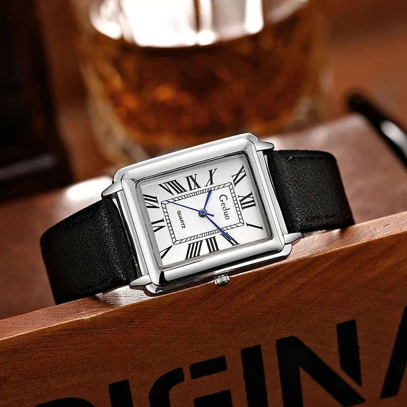 Men’s Quartz Wristwatch with Leather Strap and Roman Numerals-black rose white