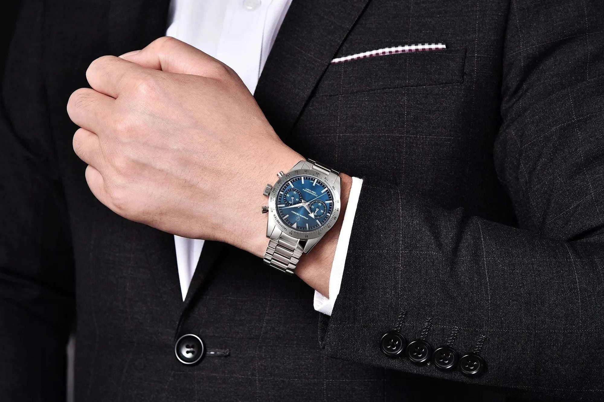 Men’s Retro Pilot Chronograph Watch Stainless Steel 10Bar Waterproof-Blue / GERMANY
