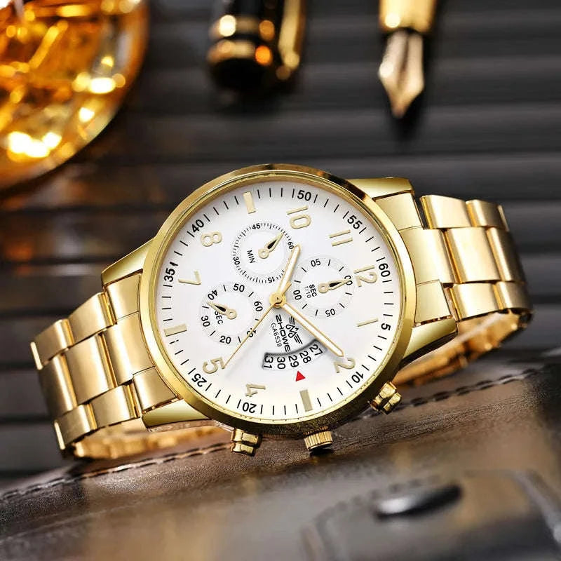 Men’s Stainless Steel Quartz Watch with Calendar – 42mm Classic Dress Style-gold white