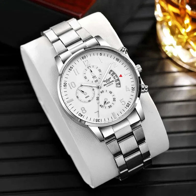 Men’s Stainless Steel Quartz Watch with Calendar – 42mm Classic Dress Style-gold white