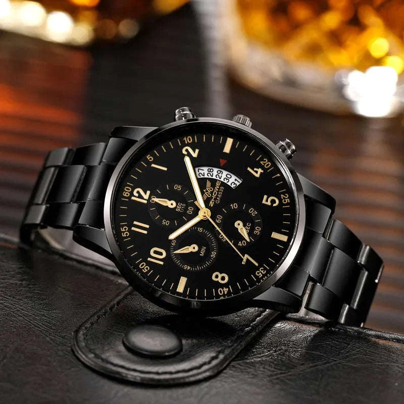 Men’s Stainless Steel Quartz Watch with Calendar – 42mm Classic Dress Style-gold white