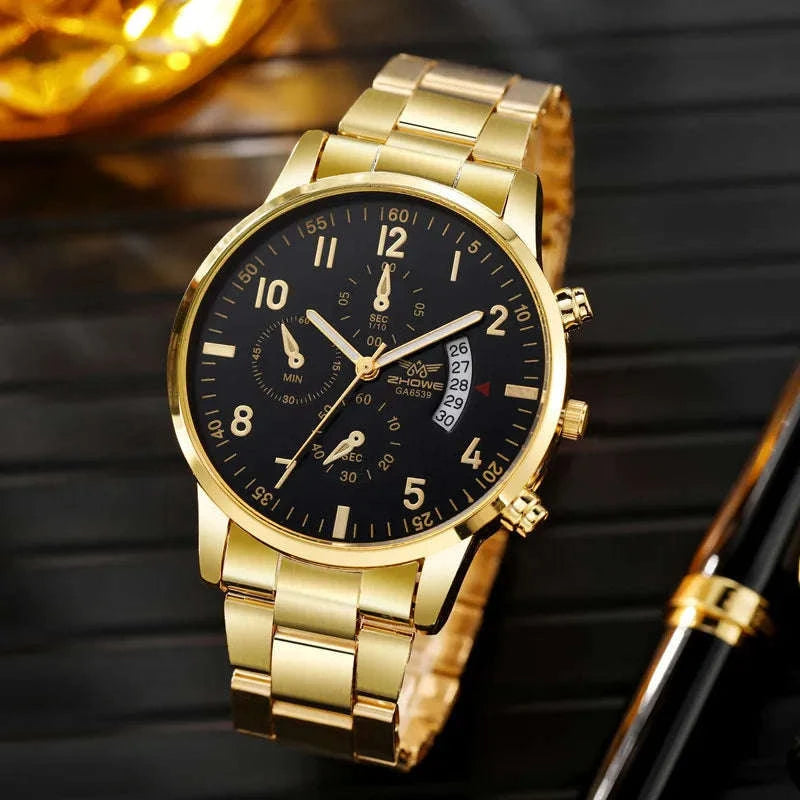 Men’s Stainless Steel Quartz Watch with Calendar – 42mm Classic Dress Style-gold white