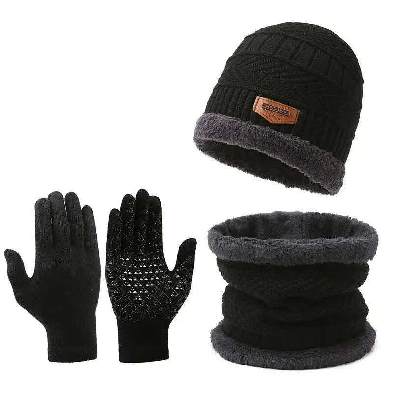 Men's Windproof Hat, Scarf & Gloves Insulated Knit Set-Khaki