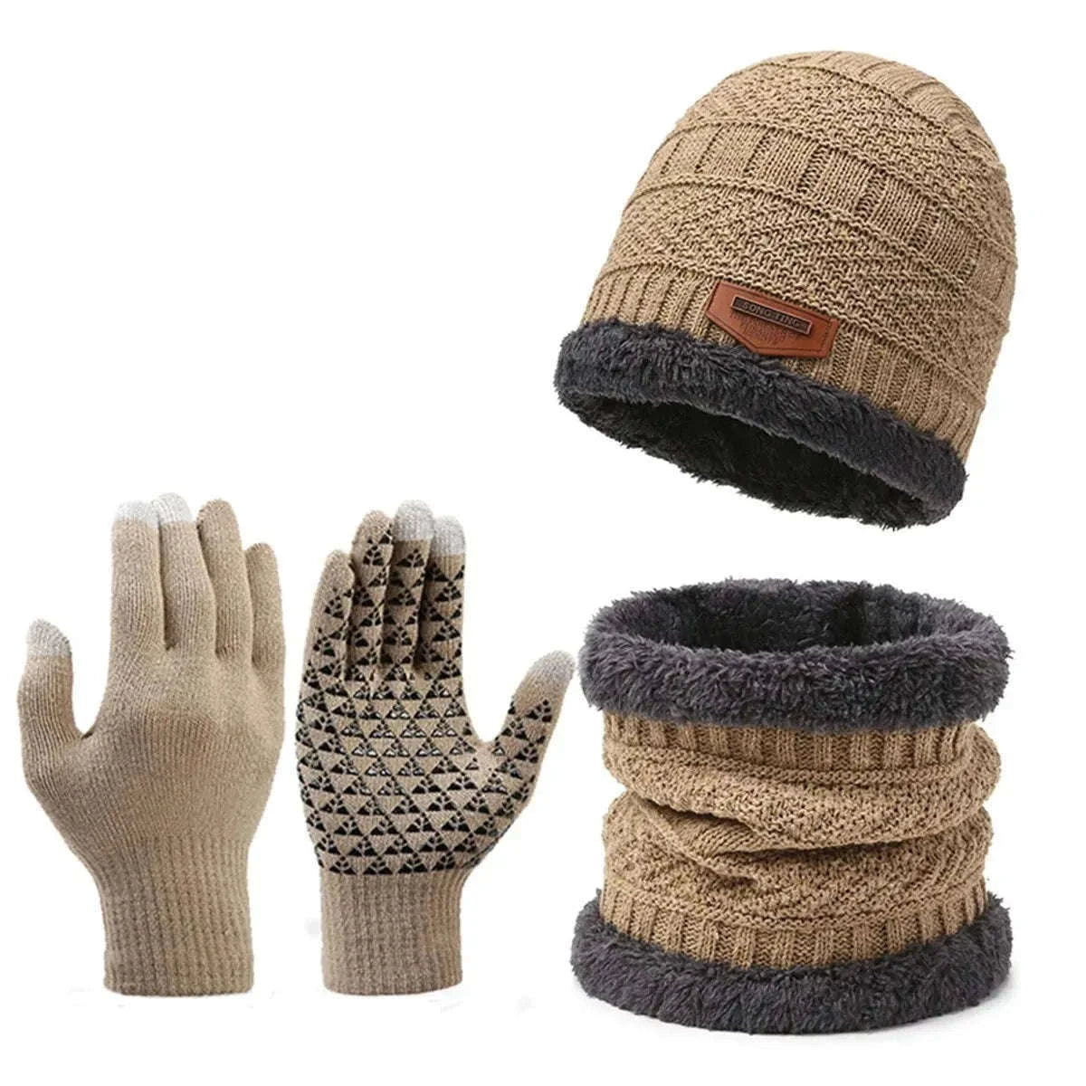 Men's Windproof Hat, Scarf & Gloves Insulated Knit Set-Khaki