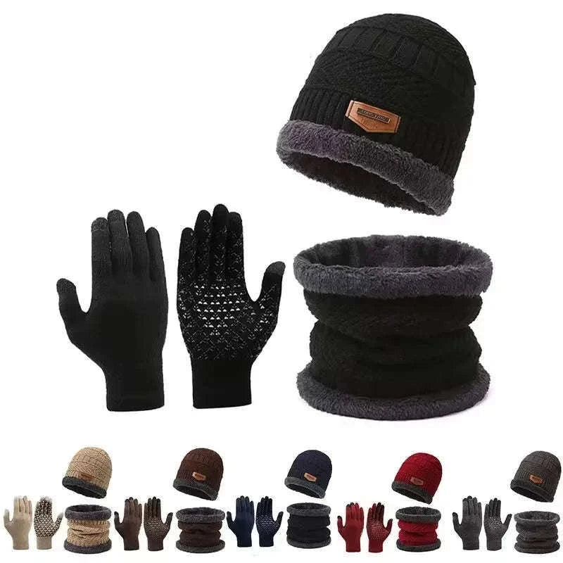 Men's Windproof Hat, Scarf & Gloves Insulated Knit Set-Khaki
