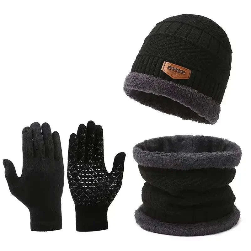 Men's Windproof Hat, Scarf & Gloves Insulated Knit Set-Khaki
