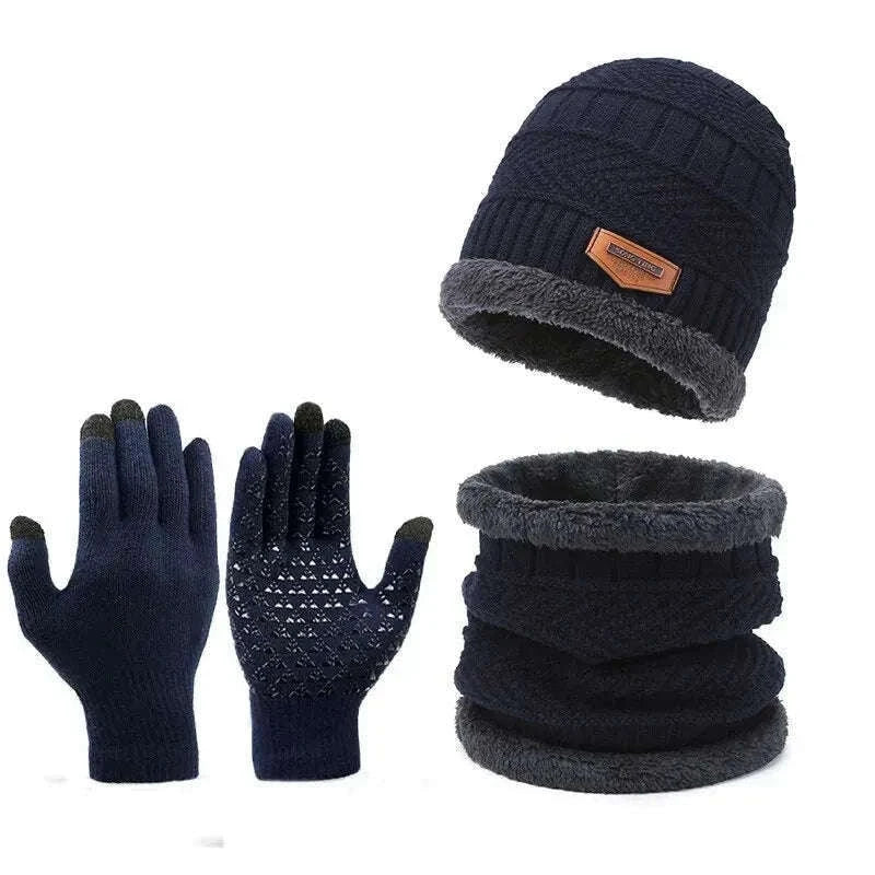 Men's Windproof Hat, Scarf & Gloves Insulated Knit Set-Khaki
