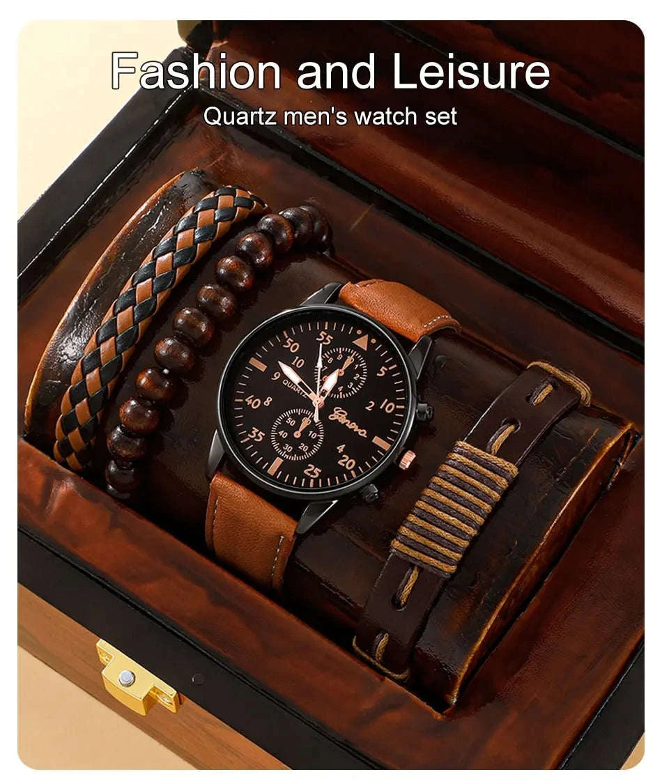 Men Watch Bracelet Set with Brown Leather Strap-black