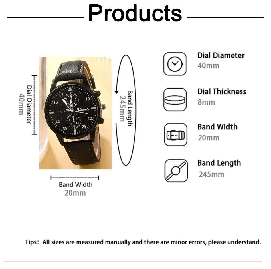 Men Watch Bracelet Set with Brown Leather Strap-black