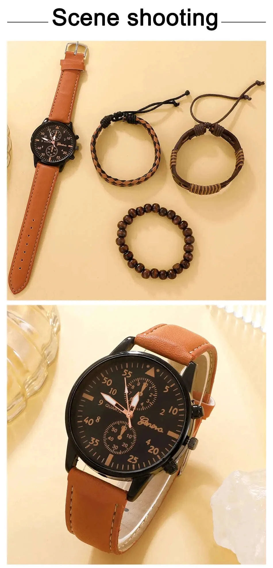 Men Watch Bracelet Set with Brown Leather Strap-black