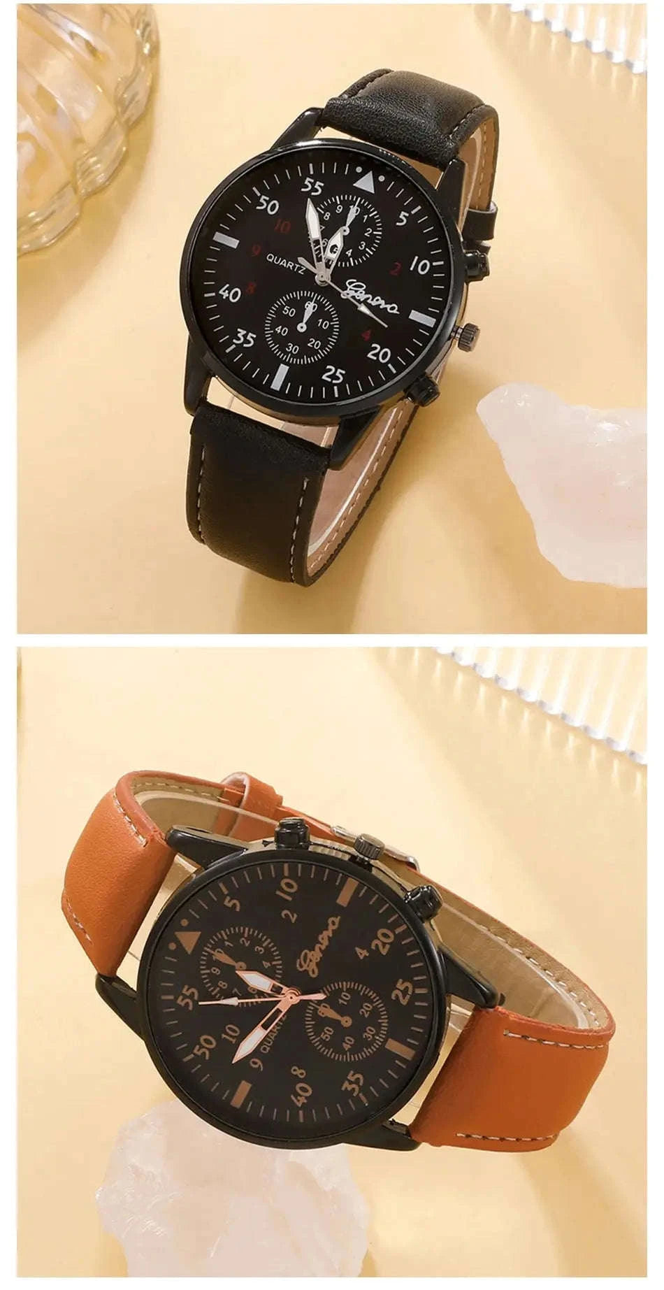 Men Watch Bracelet Set with Brown Leather Strap-black
