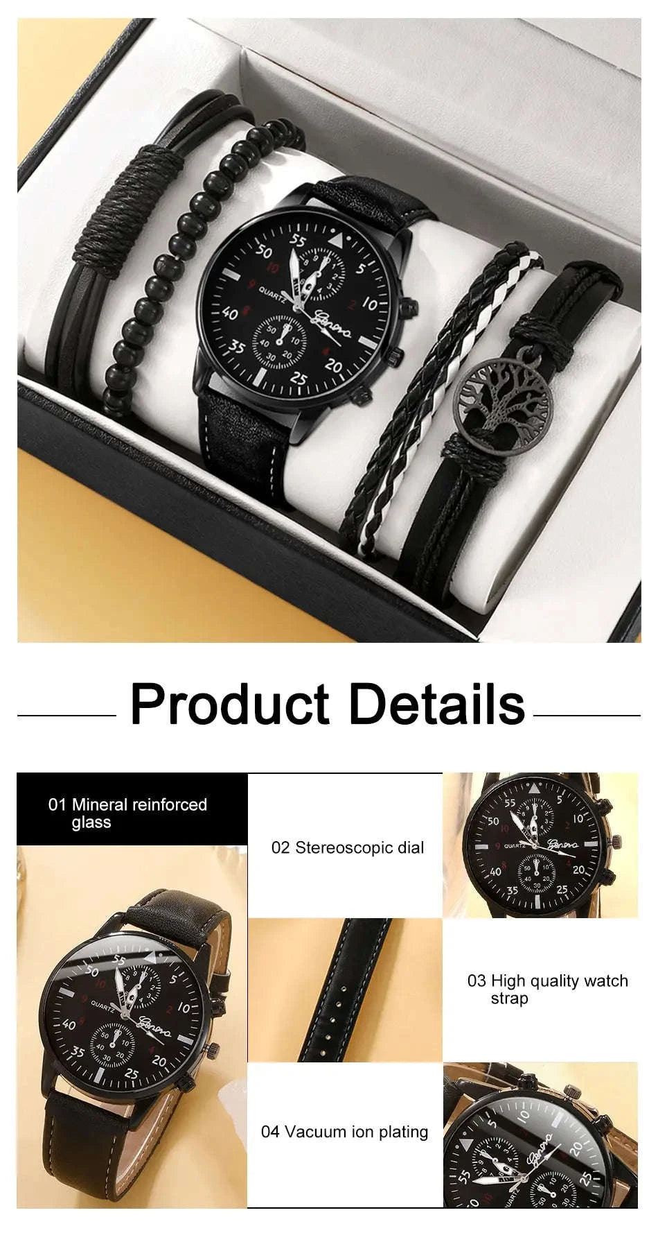 Men Watch Bracelet Set with Brown Leather Strap-black