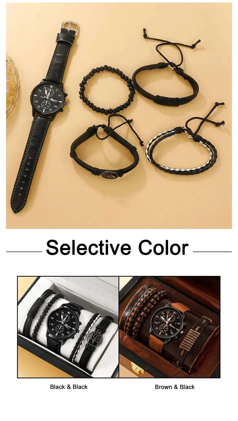 Men Watch Bracelet Set with Brown Leather Strap-black