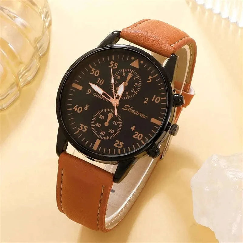 Men Watch Bracelet Set with Brown Leather Strap-black