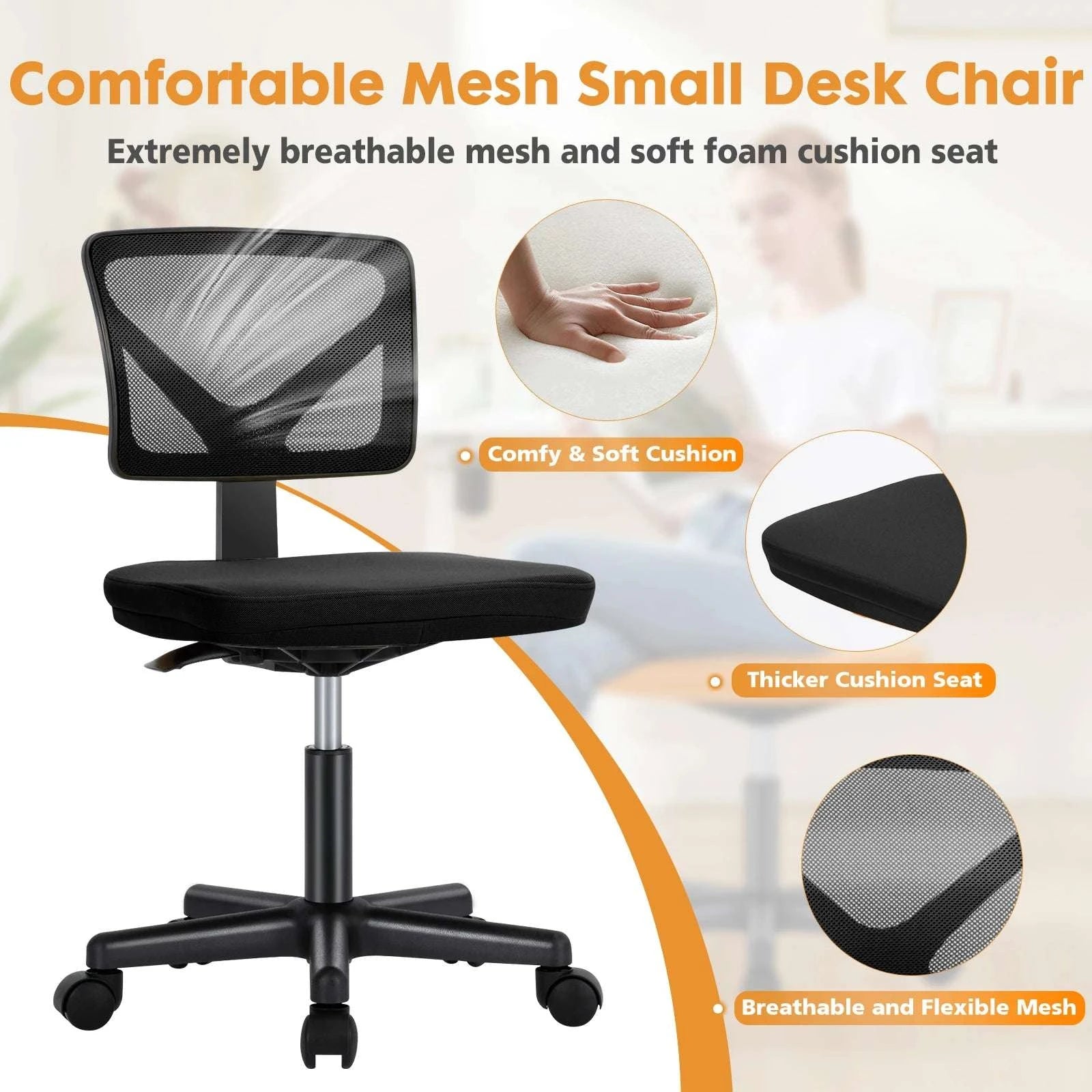 Mesh Armless Office Chair with Lumbar Support & Adjustable Height-black / United States