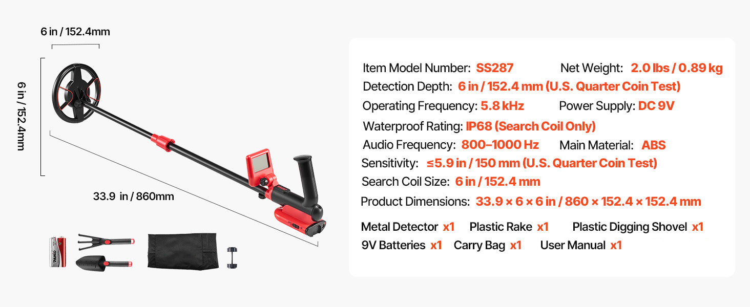 SucceBuy Metal Detector 6" Lightweight LCD Display IP68 Waterproof Search Coil Adjustable 22.8-33.8" High Accuracy For Hunting