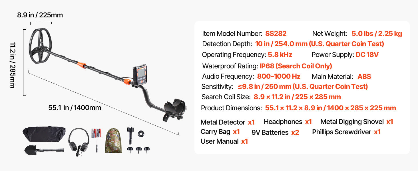 SucceBuy 10in Metal Detector for Adults with Display Headphones 5 Modes Adjustable Length for Detecting Gold Treasure Hunting