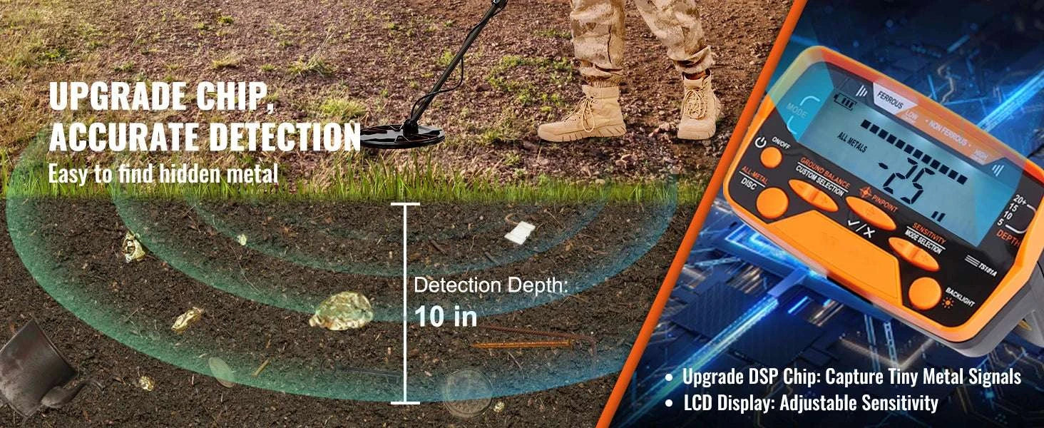 Metal Detector with 10" Waterproof Coil, LCD & 7 Detection Modes-10 Inch Search Coil / United States