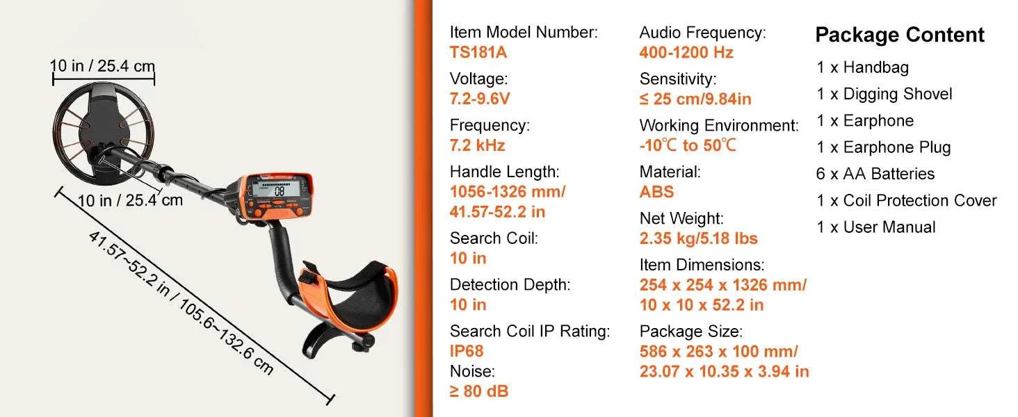 Metal Detector with 10" Waterproof Coil, LCD & 7 Detection Modes-10 Inch Search Coil / United States