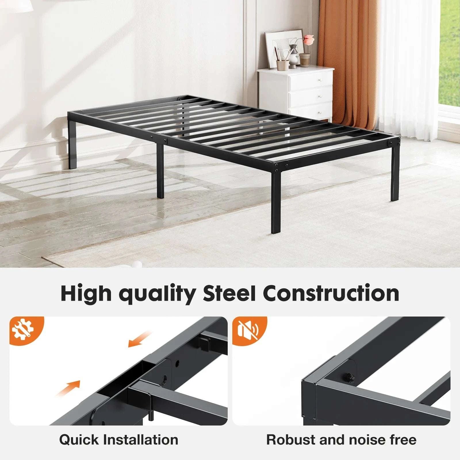 Metal Platform Bed Frame with Steel Slats and 14" Underbed Clearance-black / QUEEN / United States