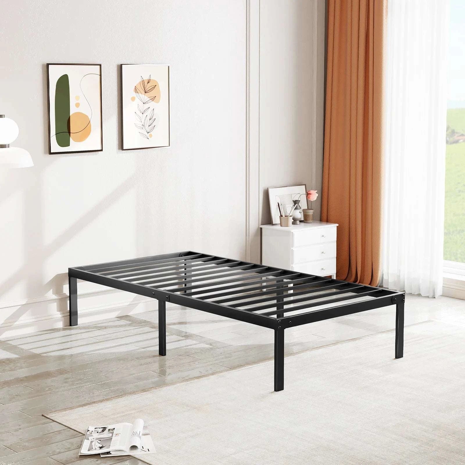 Metal Platform Bed Frame with Steel Slats and 14" Underbed Clearance-black / QUEEN / United States