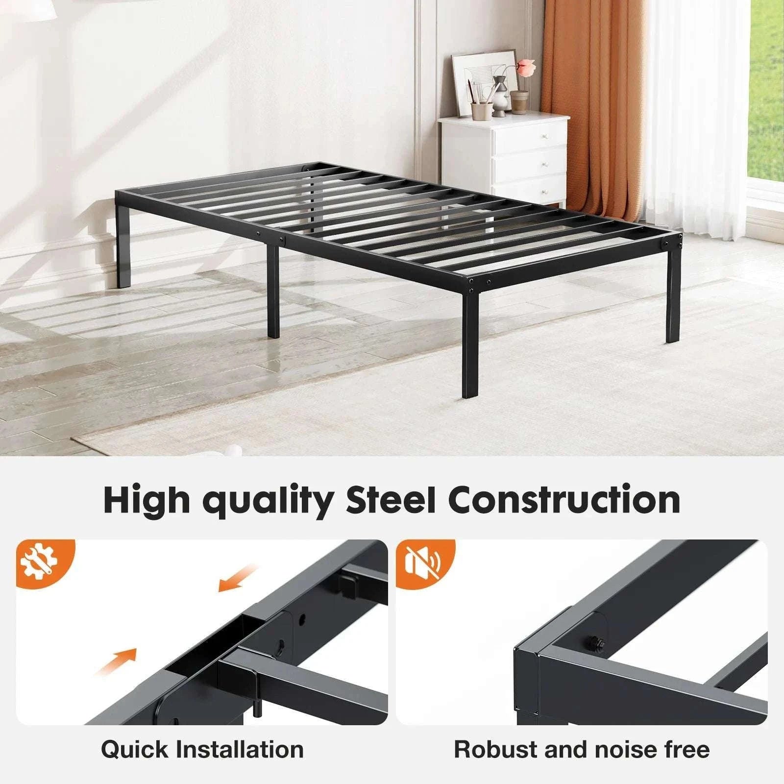 Metal Platform Bed Frame with Steel Slats and 14" Underbed Clearance-black / QUEEN / United States