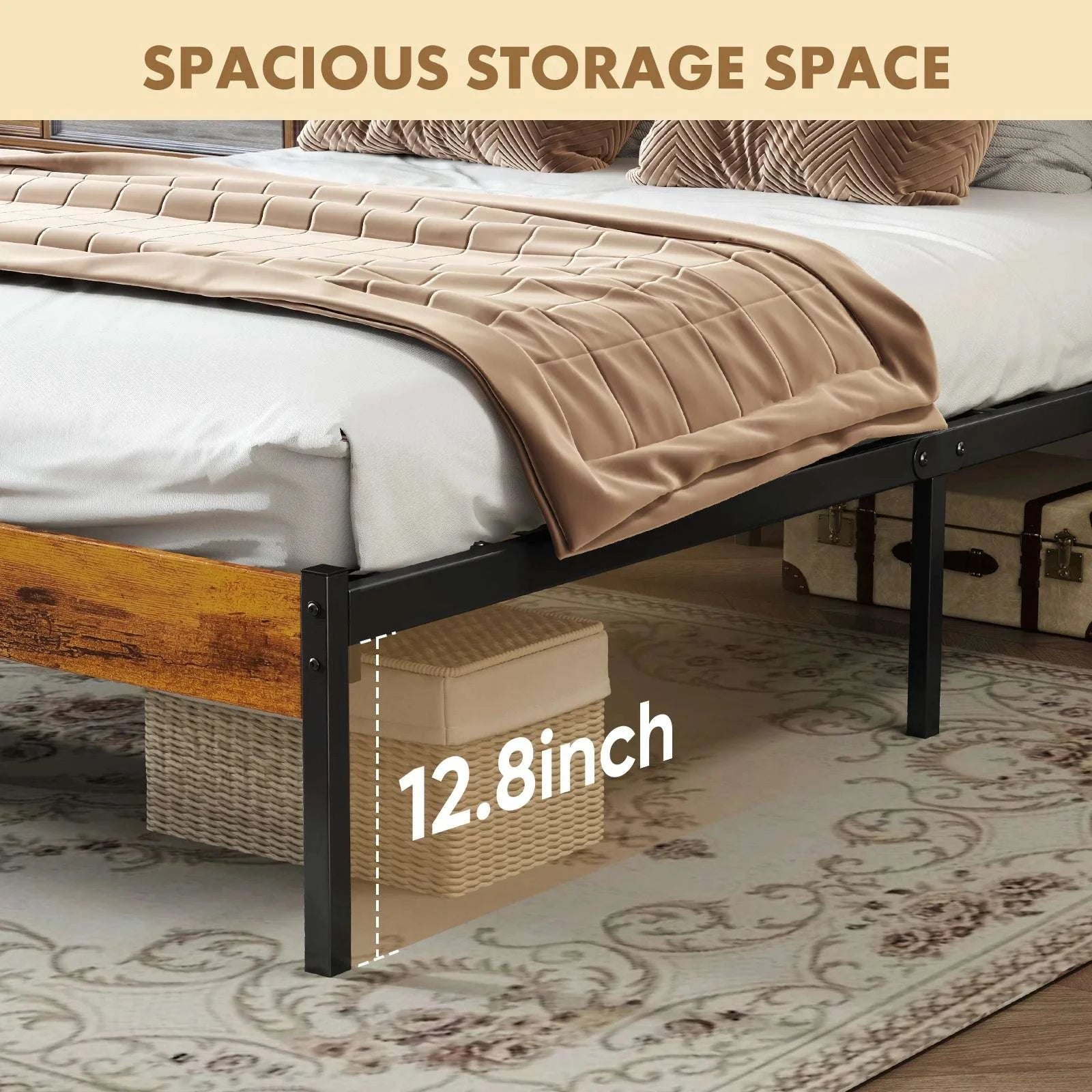 Metal Platform Bed Frame with Wooden Headboard, No Box Spring Needed-TWIN / United States