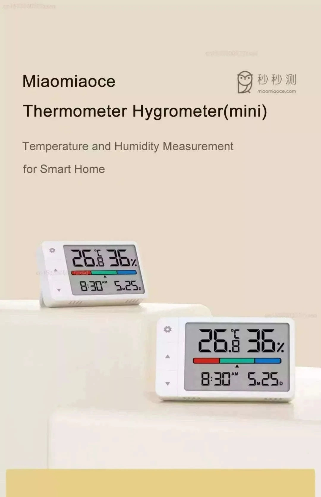 MiaoMiaoCe Thermometer Hygrometer Weather Station with Clock-White