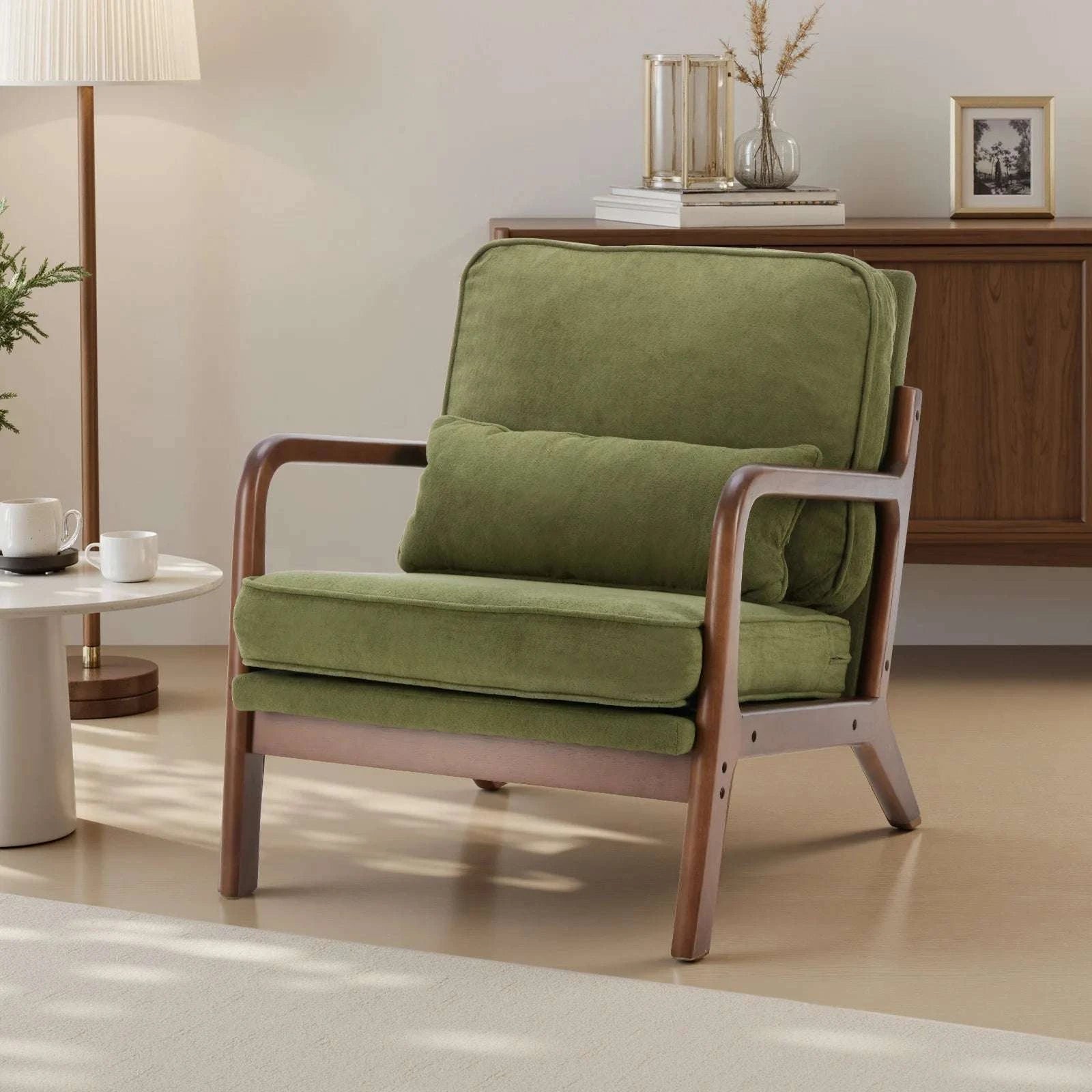 Mid Century Modern Accent Chair with Wood Frame and Cushions-Rice White / United States