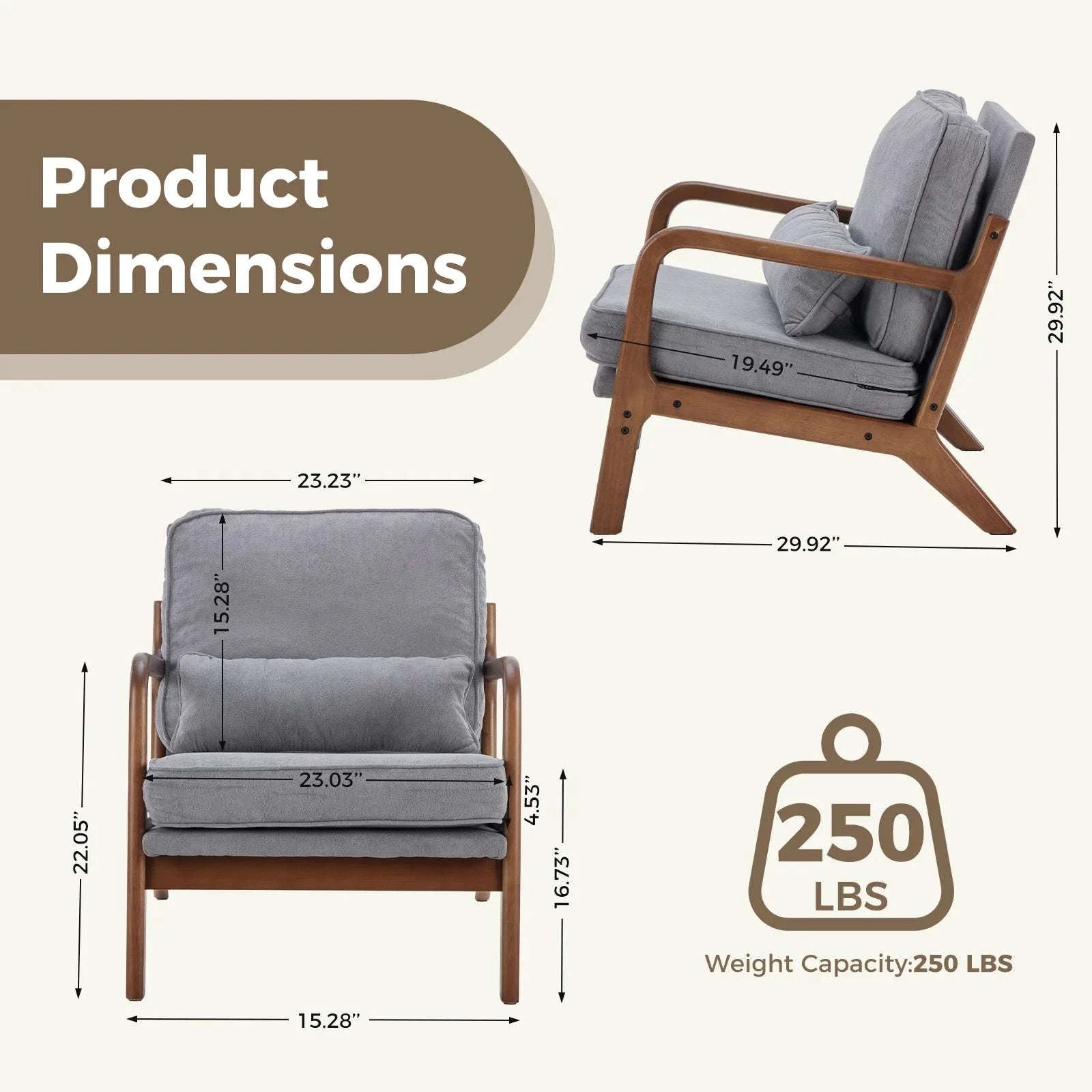 Mid Century Modern Accent Chair with Wood Frame and Cushions-Rice White / United States