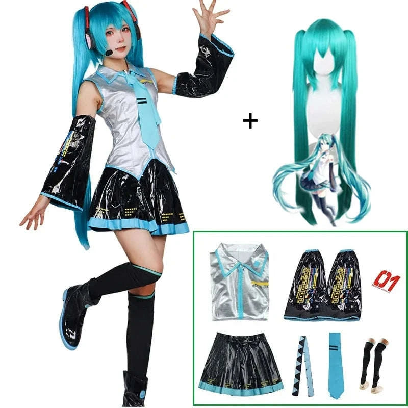 Miku Cosplay Full Set Silver Leather Fabric Costume-Wig Only / M