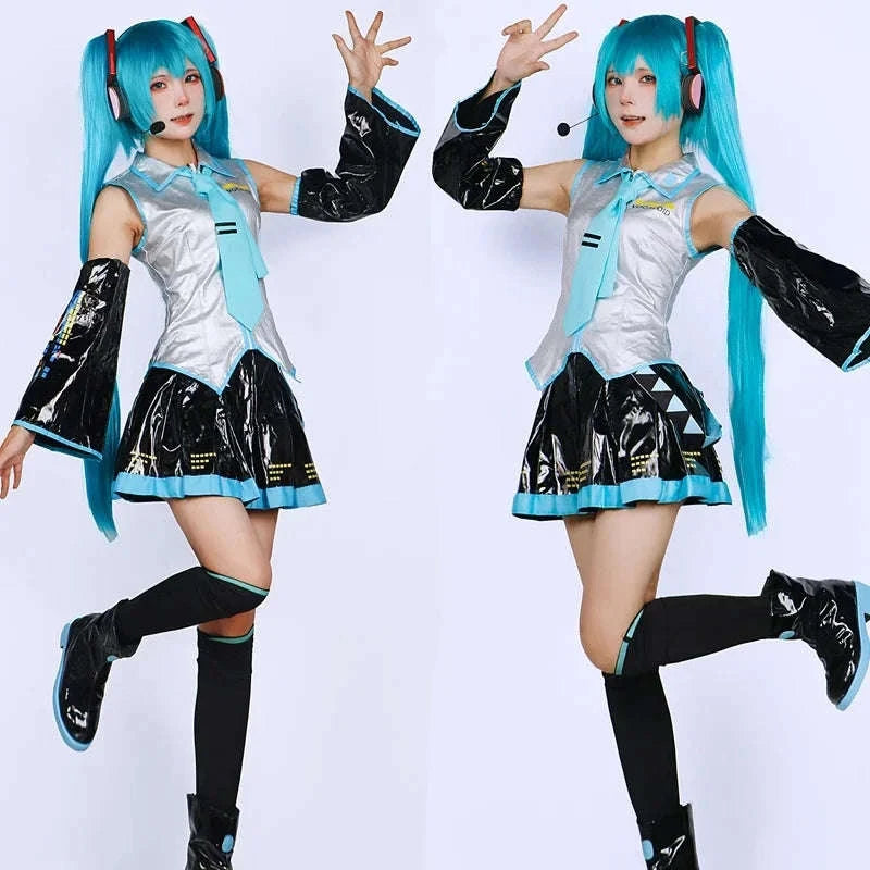 Miku Cosplay Full Set Silver Leather Fabric Costume-Wig Only / M