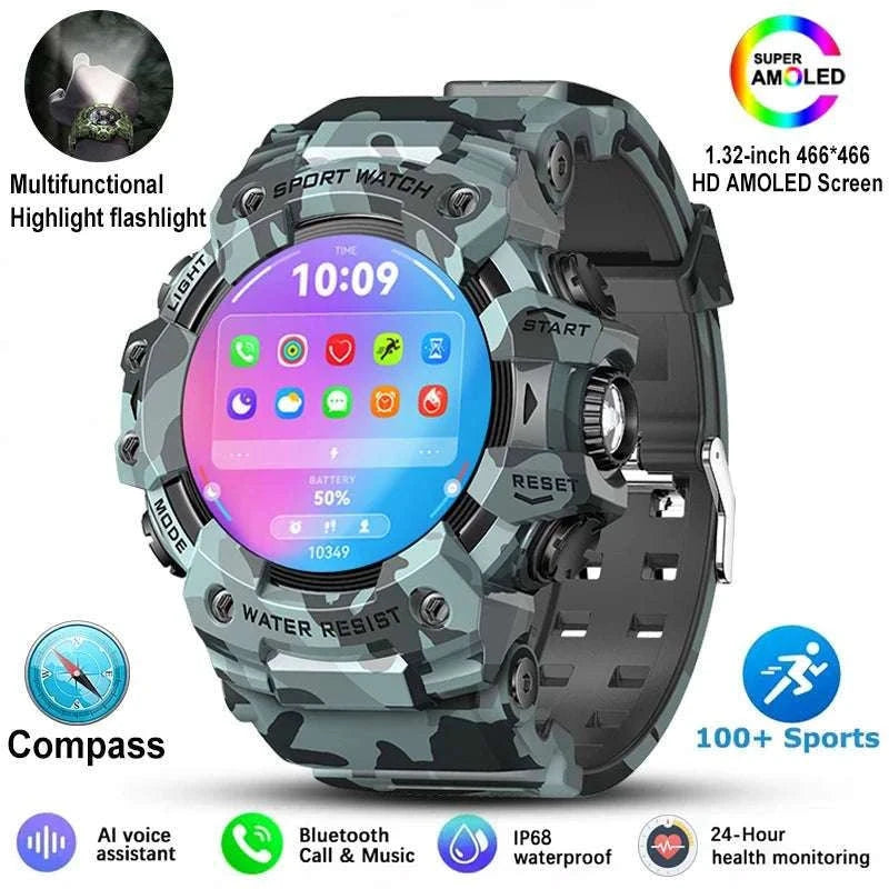 Military Outdoor Smart Watch with Bluetooth Call & 100+ Sports Modes-Green Camouflage